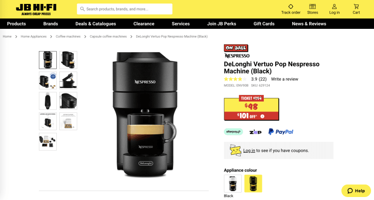 JB Hi-Fi: DeLonghi Vertuo Pop Nespresso Machine – was $199, now $98